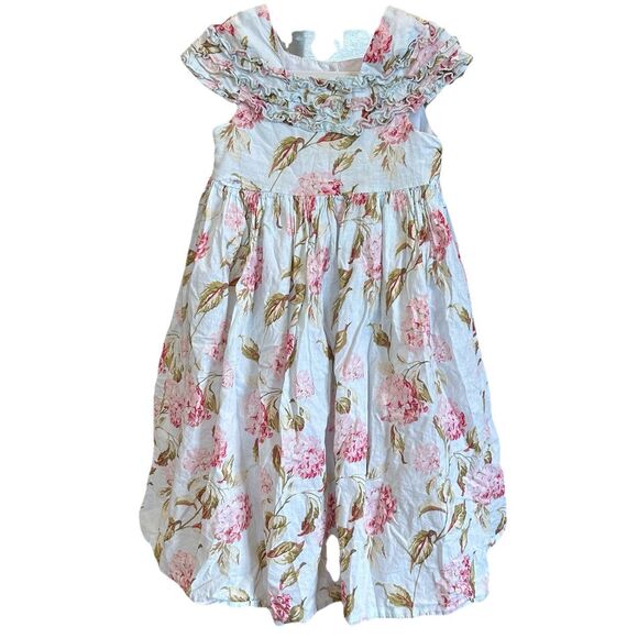 Laura Ashley London Size 4 Floral Puffy Dress Lined Cream Pink Cap Sleeve - Picture 1 of 5
